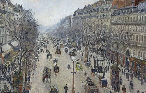 Street, home, picture, the urban landscape, Camille Pissarro, The Boulevard Montmartre. Morning. Overcast