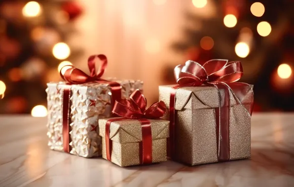 Lights, lights, Christmas, gifts, red, New year, bows, garland