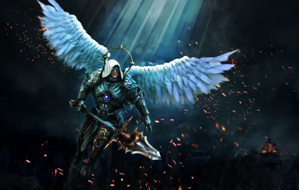 Night, Castle, Armor, Angel, Feathers, Rays, The storm, Wings
