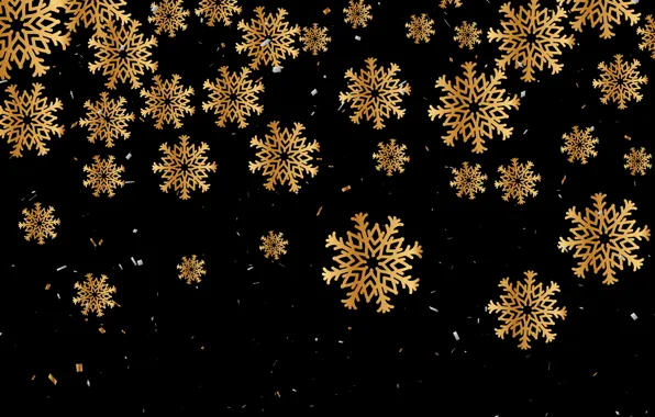 Decoration, snowflakes, gold, Christmas, New year, golden, christmas, black background