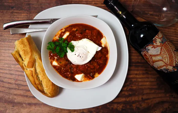 Wine, bottle, egg, food, parsley, dish, shakshuka, scrambled eggs with tomatoes