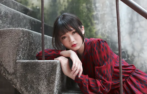 Picture look, mood, model, dress, ladder, steps, Asian