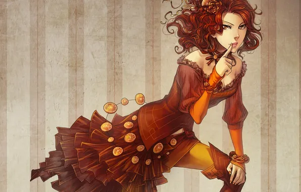 Girl, orange, dress, neckline, flower in hair, tagme (artist)