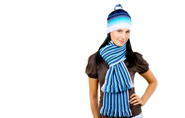 Girl, blue, smile, blue eyes, black hair, hat striped, scarf striped, ponpon