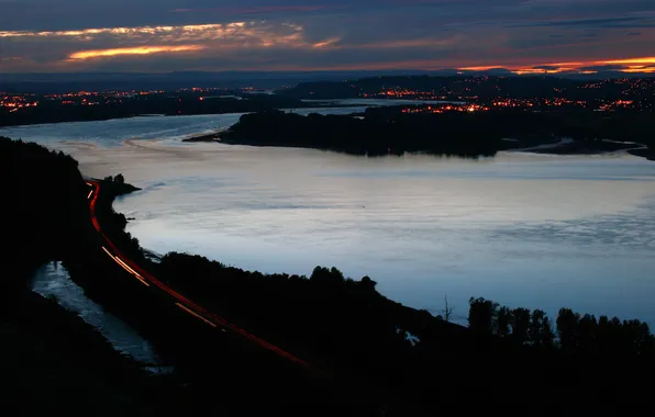 Road, the sky, sunset, the city, lights, river, the evening