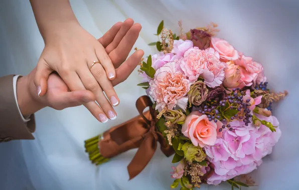 Love, flowers, roses, bouquet, hands, wedding