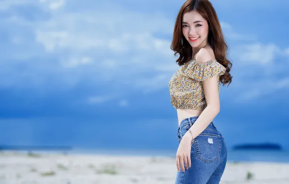 Picture girl, smile, jeans, blouse, Asian