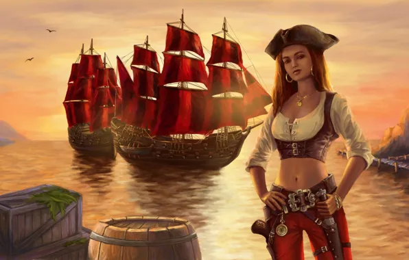 Girl, sunset, ship, art, pirates