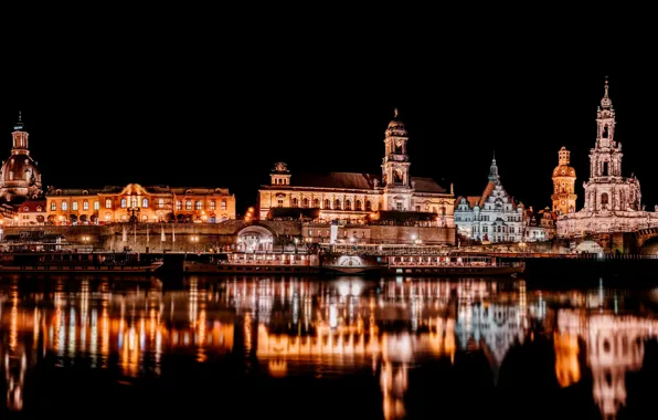 Reflection, Night, Pier, The city, River, Germany, Dresden, City