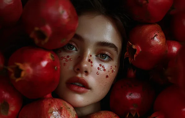 Look, girl, face, pose, portrait, brown hair, fruit, a lot