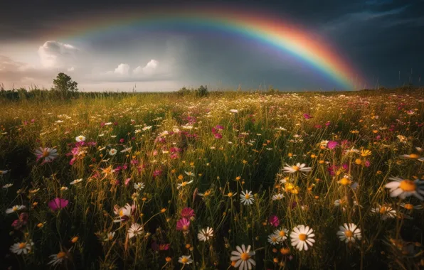 Field, summer, the sky, flowers, rainbow, meadow, field, wildflowers