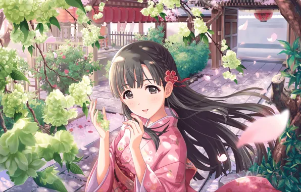 The wind, gate, Japan, track, temple, yukata, flowering, long hair