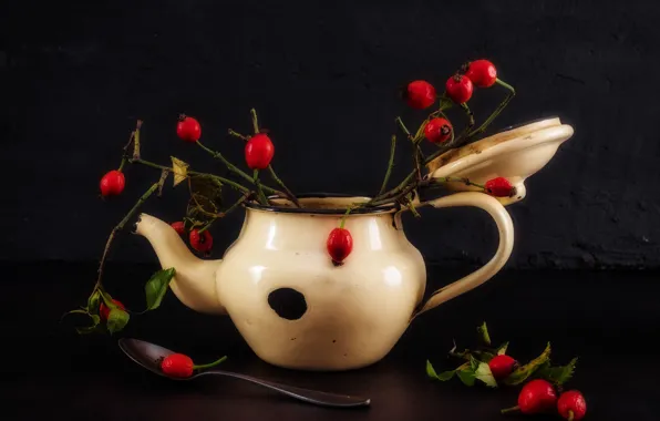 Picture branches, berries, the dark background, tea, kettle, fruit, briar, spoon
