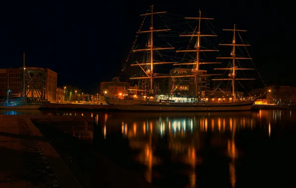 Light, night, sailboat, port, The world