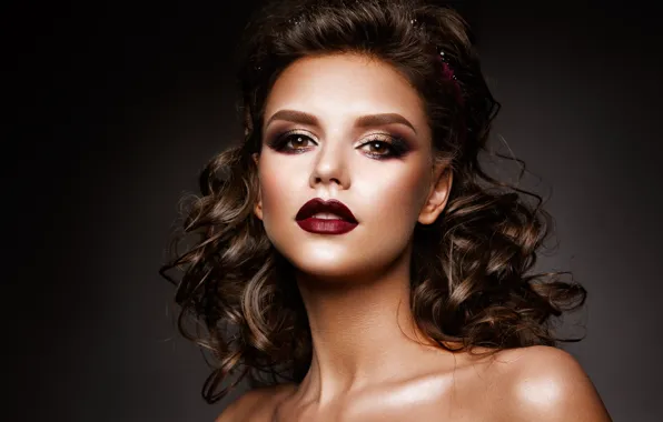 Face, hair, makeup, hairstyle, shoulders, curls, brown eyes, Korabkova