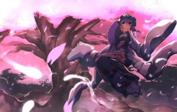 Girl, Tree, Spring, Petals, Ghosts, Touhou, Touhou