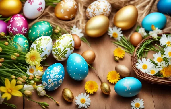 Flowers, eggs, spring, colorful, Easter, happy, flowers, spring