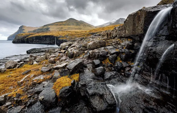 Clouds, stones, rocks, coast, waterfall, Faroe Islands