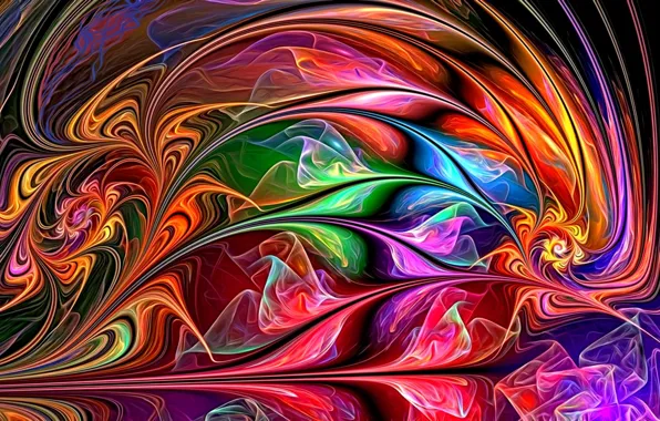 Abstraction, fantasy, fractal, picture, flickering, zigzag, the colors of the rainbow, glowing lines