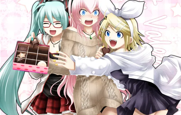 Picture girls, chocolate, art, glasses, candy, vocaloid, hatsune miku, bow
