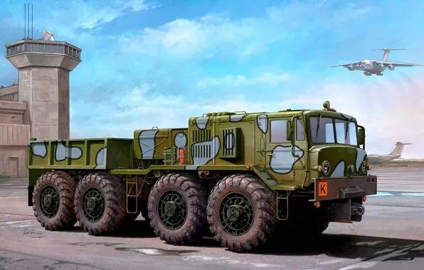 Picture engine, art, artist, USSR, the airfield, The Il-76, tractor, for