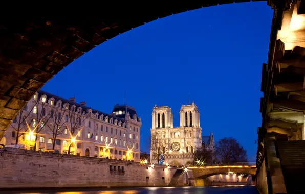 Light, night, bridge, the city, river, France, Paris, building