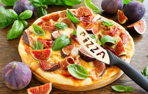 Picture knife, fruit, pizza, figs