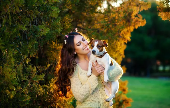 Girl, smile, dog, needles, pet