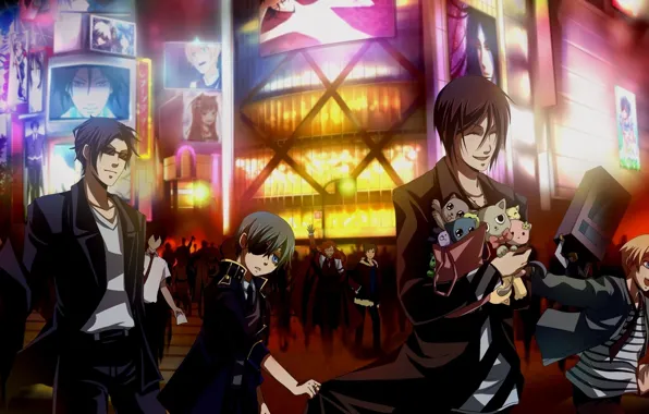 The city, lights, toys, art, characters, monitors, Ciel, Sebastian