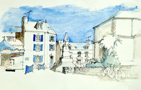 Picture figure, France, home, area, watercolor, the urban landscape, Groix