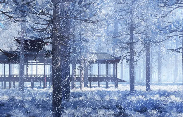 Snow, Park, Japan, gazebo, snowfall, winter's tale, spruce forest