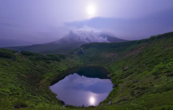 Picture fog, lake, mountains