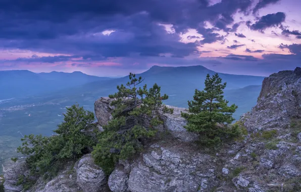 Landscape, mountains, nature, stones, rocks, dawn, tree