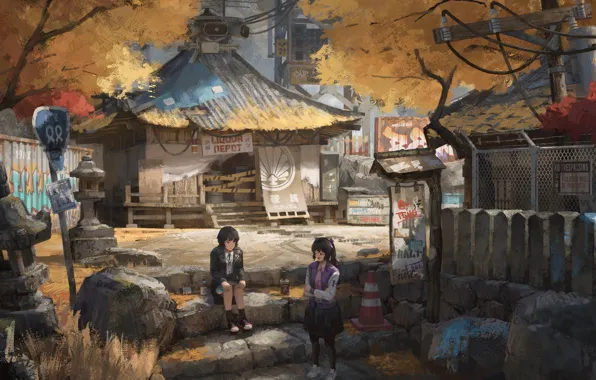 Graffiti, the fence, stage, Aya Shameimaru, road sign, Touhou Project, two girls, Hatate Himekaidou