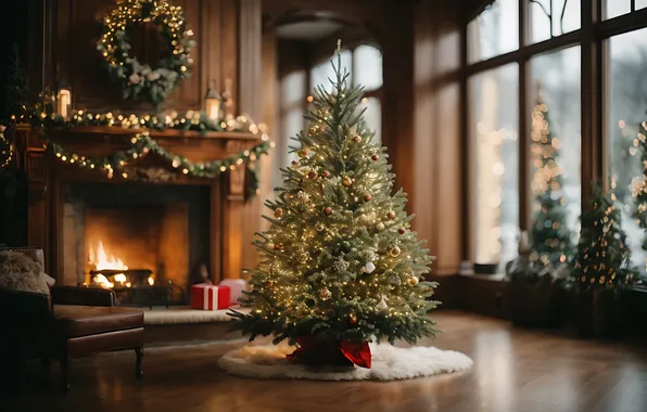 Picture decoration, room, tree, interior, Christmas, gifts, New year, Christmas