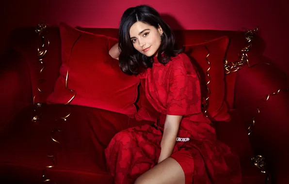 Look, pose, makeup, figure, actress, in red, on the couch, hair