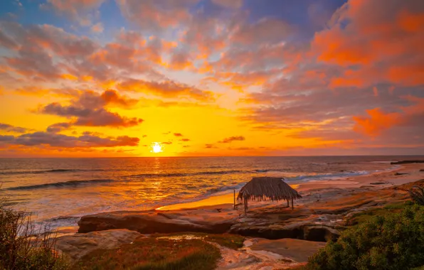 Sea, beach, the sky, the sun, clouds, sunset, coast, horizon