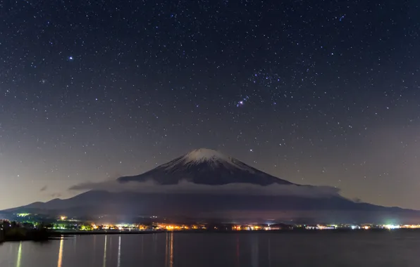 The sky, stars, mountains, Japan, panorama, Fuji