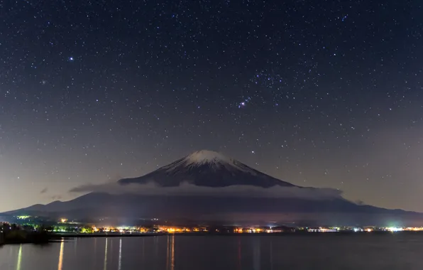 The sky, stars, mountain, Japan, panorama, Fuji