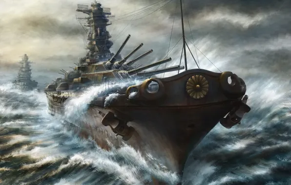 Sea, paint, ships, storm, gun, art, battleship, cruiser