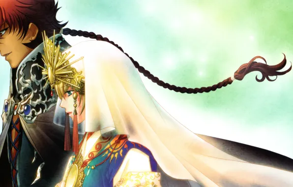 Blanket, braid, cloak, two, art, headdress, visual novel, harukanaru toki no naka de 4