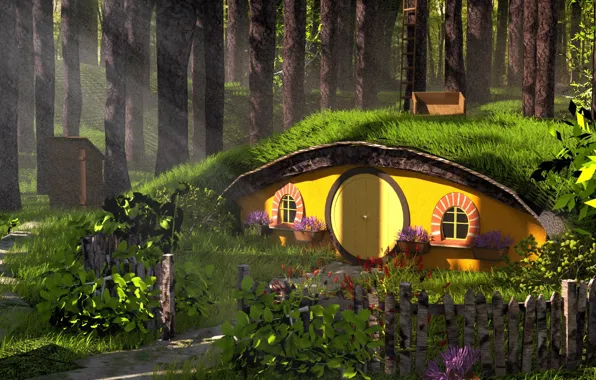 Picture house, fantasy, Middle earth, Forest Hobbit House, Austin Richey
