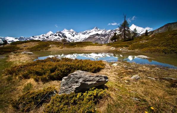 Grass, mountains, lake, stones, Switzerland, Zermatt