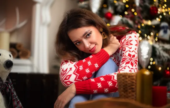 Picture look, girl, face, pose, hands, sweater, Dmitry Shulgin