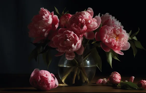 Flowers, the dark background, bouquet, pink, peonies, lush, Terry, AI art