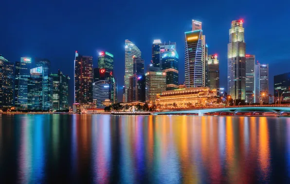 Bridge, building, home, Singapore, night city, skyscrapers, Singapore, Marina Bay