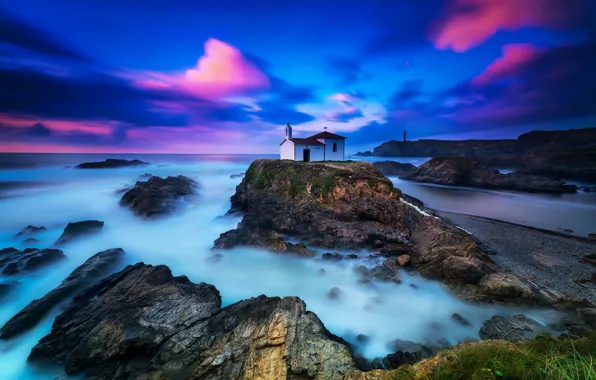 Sea, the sky, clouds, sunset, stones, rocks, blue, shore