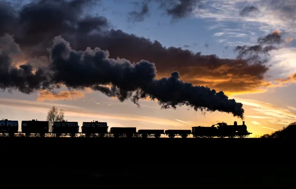 Sunset, the engine, railroad