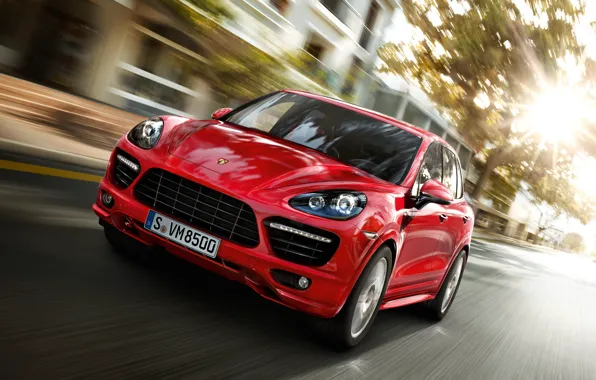 Road, red, the city, speed, Porsche Cayenne