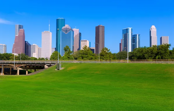 Road, greens, field, the sky, grass, trees, bridge, lawn